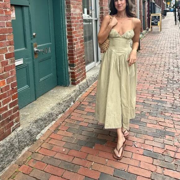 Ronny Kobo Beige Corset Midi Dress MEDIUM Cotton Cottage Sundress Designer $400 - Picture 4 of 15